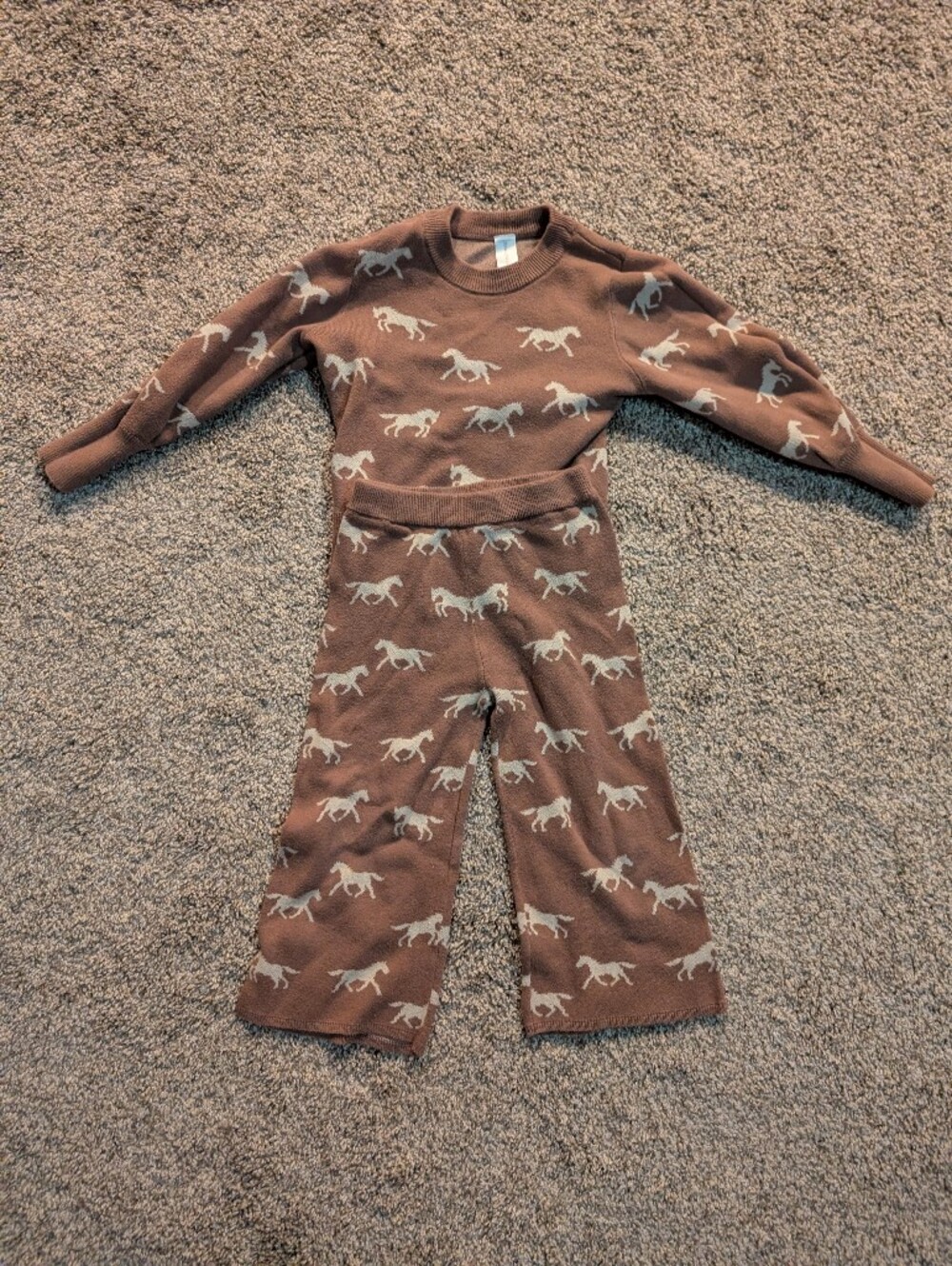 Brown Horse Print Knit Matching Set for Kids